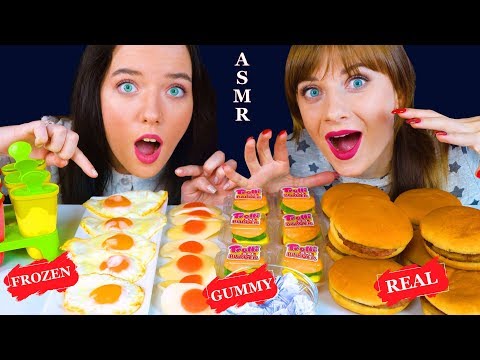 ASMR BURGER GUMMY AND GUMMY EGGS (GUMMY FOOD, FROZEN FOOD VS REAL FOOD)