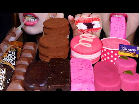 ASMR CHOCOLATE VS PINK DESSERTS! CADBURY CARAMELLO BAR, CAKE BITES, ICE CREAM BARS, BIG MACARONS 먹방