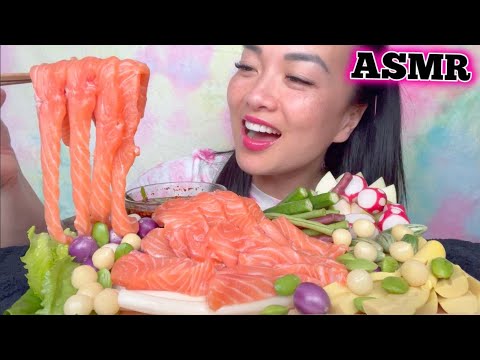 ASMR RAW SALMON SPICY DIPPING SAUCE + VEGGIES (CRUNCHY EATING SOUNDS) LIGHT WHISPERS | SAS-ASMR