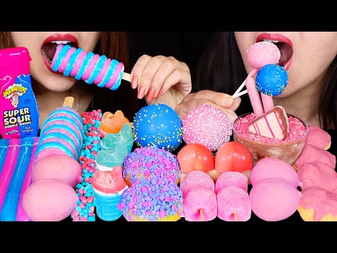 ASMR COTTON CANDY CAKE POPS, ICE CREAM, STRAWBERRY CHOCOLATE MOCHI, SOUR JELLY NOODLES, NERDS ROPE먹방