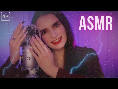 ASMR FLUFFY Mic Scratching & SOFT Mic Blowing 🌬️ Rain & Thunder Sounds ⛈️ INSTANT SLEEP - No Talking