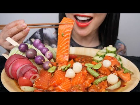 SUPER THICK CHUNKY RAW SPICY SALMON *THAI STYLE (ASMR EATING SOUNDS) LIGHT WHISPERS | SAS-ASMR