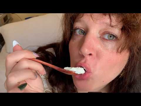 ASMR Eat creamy Yogurt With me (Clicky Whispers, Eating Sounds, wooden spoon)