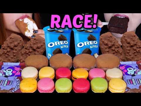 ASMR CHOCOLATE CREAM MOCHI RACE! Oreo bites ice cream, rainbow macarons, chocolate cream wafers 먹방