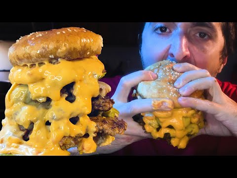 HUGE 4x GHOST PEPPER CHEESE SAUCE CHEESEBURGER 불닭 | ASMR MUKBANG | Nomnomsammieboy