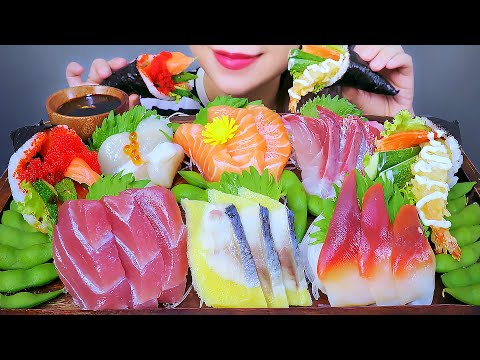 ASMR SEAFOOD SASHIMI X CONE SUSHI (SALMON,TUNA,SCALLOP , RED CLAM) EATING SOUNDS | LINH-ASMR