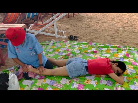 ASMR BEACH MASSAGE / FULL BODY  BACK WALKING FOOT HEAD MASSAGE with Sounds of sea waves Thailand