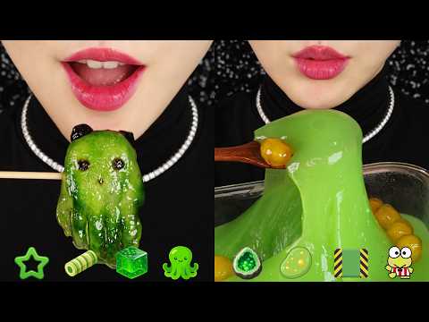GREEN FOOD MUKBANG ASMR KOREAN SNACK, SLIME JELLY, TAPIOCA PEARL ASMR GREEN EMOJI FOOD CHALLENGE 💚