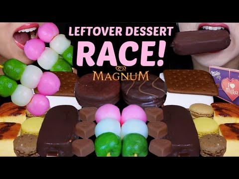 ASMR LEFTOVER DESSERT RACE! MILKA CHOCOLATE HEARTS, DANGO MOCHI BALLS, DARK MAGNUM ICE CREAM BAR 먹방