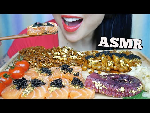 ASMR 24k GOLD SASHIMI + SQUID INK TOBIKO + BLACKBEAN NOODLES (EATING SOUNDS) NO TALKING | SAS-ASMR