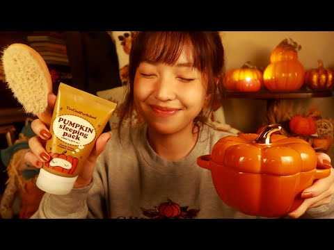 ASMR | Cozy Pumpkin Pamper For Sleep 🍁 (autumnal skincare, hair brushing, whispers) {layered sounds}