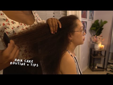 ASMR | hair play & scalp scratching on blown out 4A Hair (soft spoken hair care routine) 💆🏽‍♀️