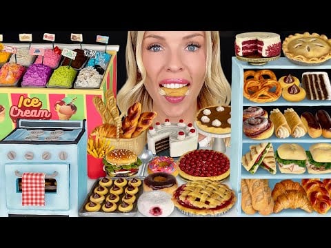 ASMR MUKBANG, Miniature Food, Mini Bakery, Pastries, Ice Cream Parlour, Cherry Pie, Mini Oven 먹방