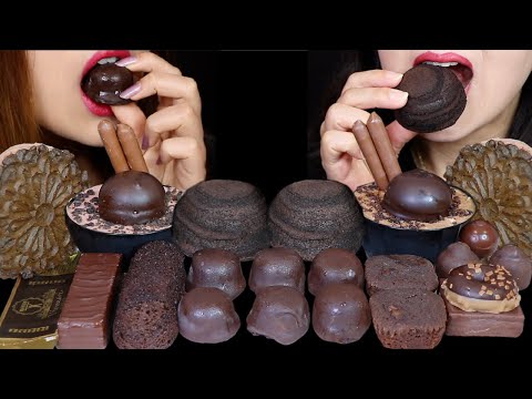 ASMR DARK CHOCOLATE DESSERTS (MINI ICE CREAM BON BONS, BAUM CAKE, MARSHMALLOWS, BROWNIE, DONUT 먹방