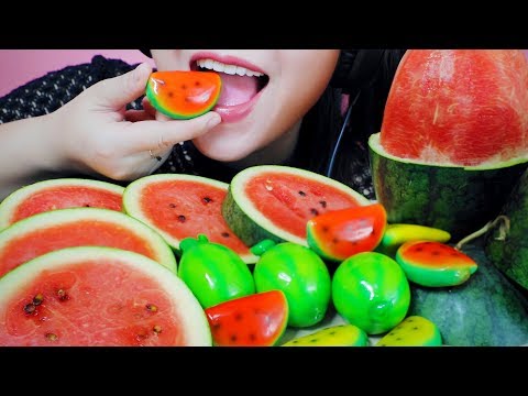 ASMR WATER MELON AND WATER MELON SHAPED MUNG BEAN CAKE EATING SOUNDS | LINH-ASMR