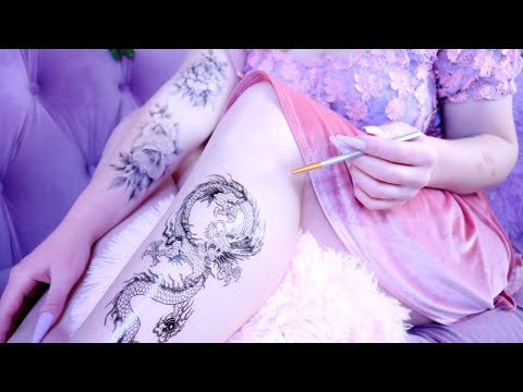 tattoo tracing ASMR (brush tracing, rain & thunder audio, visual asmr)