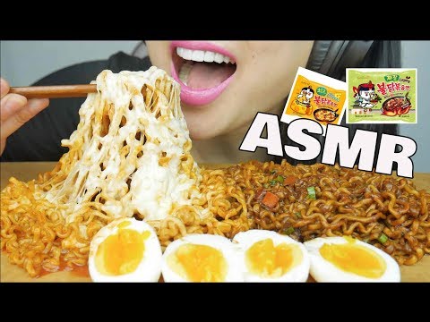 ASMR SPICY Blackbean Jjajangmyun + CHEESY Fire Samyang NOODLES (EATING SOUNDS) | SAS-ASMR