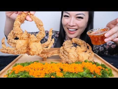 TOBIKO EGGS + DEEP FRIED SOFT SHELL CRAB + SEAWEED SALAD (ASMR EATING SOUNDS) NO TALKING | SAS-ASMR