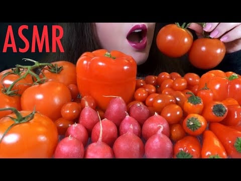 HEALTHY EATING ASMR Raw RED Veggie Platter [Radishes, Tomatoes, Peppers] CRUNCHY & Juicy Sounds
