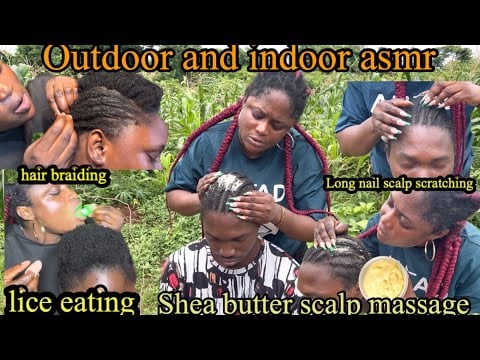 ASMR✨detailed outdoor & indoor long nail scalp scratching, thumb light trigger lice eating, braiding