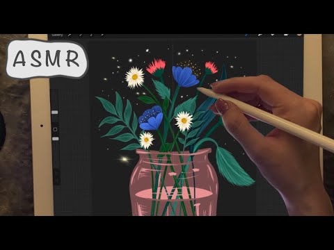 iPad ASMR - Painting the Flower Sketch in Procreate - Pure Whispering - Writing Sounds