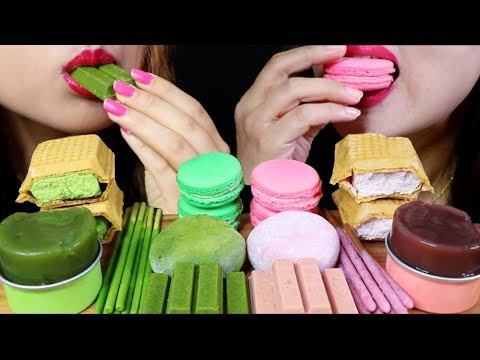 ASMR GREEN TEA + STRAWBERRY ICE CREAM, MOCHI, KITKAT, JELLY, POCKY, MACARON 리얼사운드 먹방 | Kim&Liz ASMR