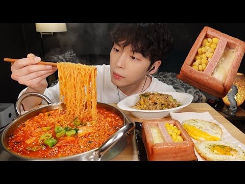 MUKBANG | 집밥! 직접 만든 김치 라면 & 콘 치즈 통스팸, 계란 새우 볶음밥 먹방 | RECIPE KOREAN HOME FOOD الأرز المنزل Nhà gạo