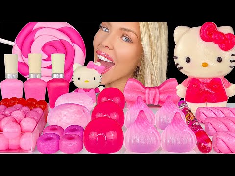 ASMR PINK DESSERTS MUKBANG, HELLO KITTY, EDIBLE NAIL POLISH, MOCHI, STRAWBERRY JELLY, CHOCOLATE 먹방