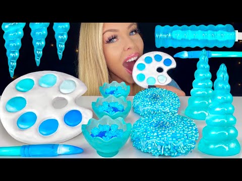 ASMR BLUE DESSERTS* EDIBLE PAINT, BLUE RASPBERRY, PAINT BRUSH, BLUE DONUT MUKBANG 먹방 꿀벌