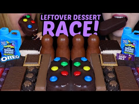 ASMR LEFTOVER DESSERT RACE! BIG M&MS ICE CREAM BAR, RAINBOW JELLY STRAWS, FERRERO CARAMEL BALLS 먹방