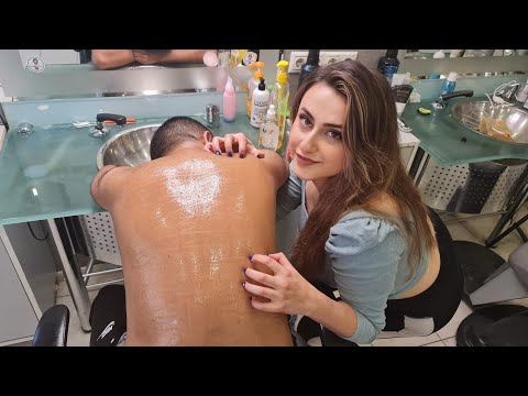 💈INTENSE RELAXATION w/ LADY BARBER's HEAD & BACK ASMR MASSAGE TREATMENT | OIL & FOAM EVERYWHERE