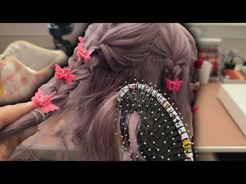 ASMR braiding your hair and applying butterfly clips 🦋🩷- hair brushing & rummaging sounds