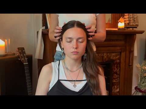 ASMR gentle touch, hair brushing, and scalp check (soft whispered, jewelry & fireplace sounds)