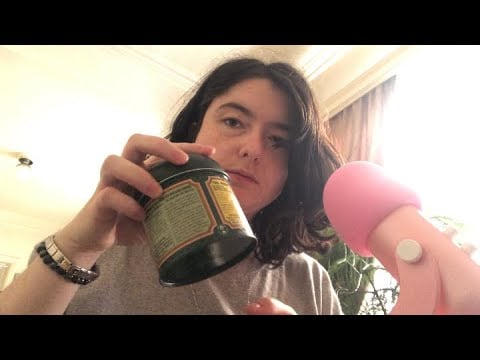 Random ASMR triggers and chit chat (whispered, gum chewing) *white noise*