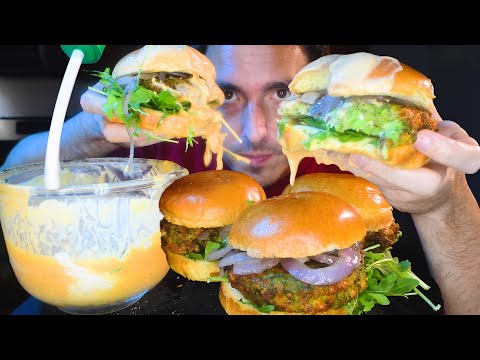 RANCH CHEESE SAUCE * BIG GREEN MONSTER BURGERS! * ASMR NO TALKING * | NOMNOMSAMMIEBOY