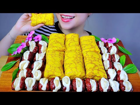 ASMR EGG ROLLS WITH PORK FLOSS AND JUJUBES WITH CAMEL MILK  EATING SOUNDS | LINH-ASMR