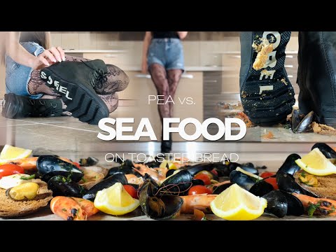 Warrior Boots vs. Mussels, Shrimps on Toasted Bread! Food Crushing! Oddly Satisfying! ASMR