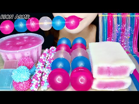 ASMR MUKBANG 먹방 咀嚼音 食べる音 EATINGSOUNDS NOTALKING CLEAR BLUE AND PINK DESSERTS KOHAKUTO JELLY NOODLE