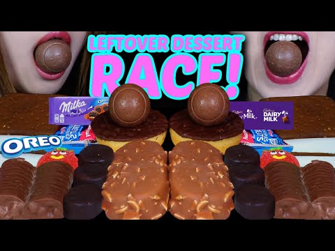 ASMR LEFTOVER DESSERT RACE DURING A STORM! GIANT CHOCOLATE ICE CREAM BARS, CADBURY, MILKA OREO BALLS