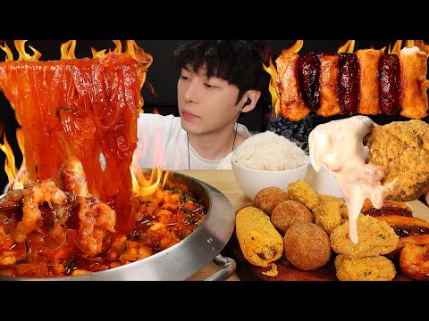 ASMR MUKBANG | 불맛 매운 낙곱새 볶음밥 & 뿌링클 양념치킨 치즈볼 먹방 FRIED CHICKEN AND FIRE NOODLES EATING