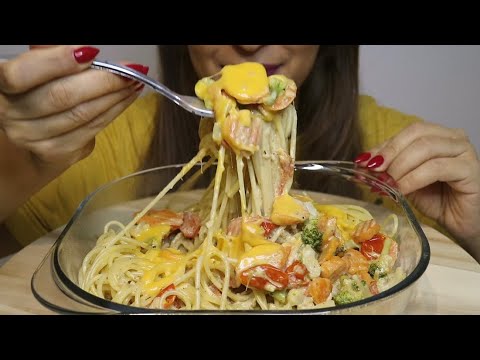 ASMR CREAMY SPAGHETTI ALFREDO WITH PESTO / VEGETABLES / no talking / CREMA ASMR #asmr #mukbang #food