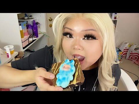 ASMR EATING A LABUBU DUBAI CHOCOLATE BROWNIE (realistic) 🍫🍪and the others i guess 