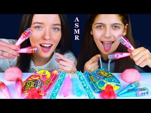 ASMR PINK VS BLUE DESSERTS NERDS ROPE CANDY RACE, JUICY DROPS GUMMIES, ROCK CANDY 먹방