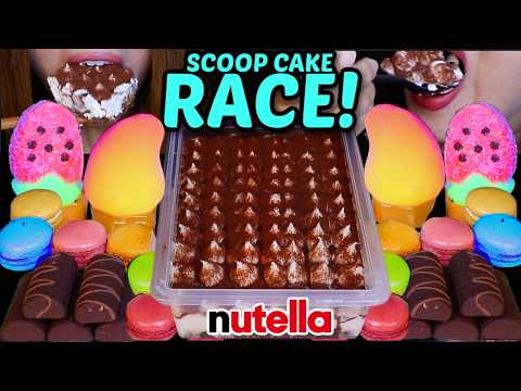 ASMR CHOCOLATE SCOOP CAKE RACE! Viral mango ice cream, dove ice cream, rainbow macarons 먹방
