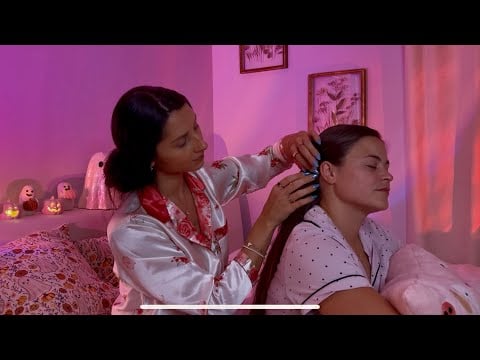 Cozy Halloween Sleepover ASMR 🎃👻 Hair Play, Back Scratches, Nostalgia + Fireplace for Sleep (Part 2)