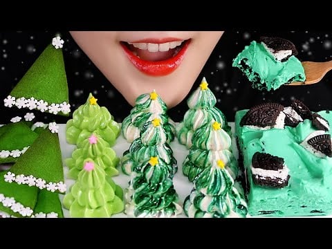 CHRISTMAS FOOD ASMR GREEN FOOD ASMR OREO CAKE ASMR MERINGUE COOKIE MUKBANG 🎄