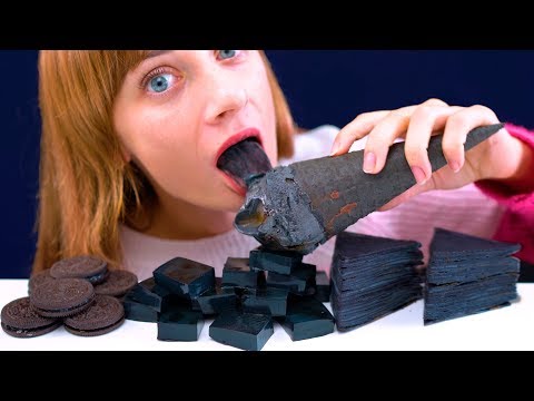 ASMR BLACK FOOD ICE CREAM, OREO, CREPE CAKE, JELLY EATING SOUNDS