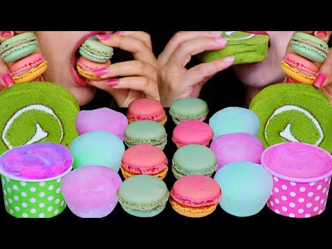 ASMR PINK & GREEN DESSERTS! WATERMELON PEACH MACARONS, MOCHI ICE CREAM, GREEN TEA ROLL CAKES, SUNDAE