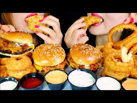 ASMR CRUNCHY FRIED ONION RINGS + BACON CHEESEBURGERS + FRIED FISH *BIG BITES 먹방 | Kim&Liz ASMR