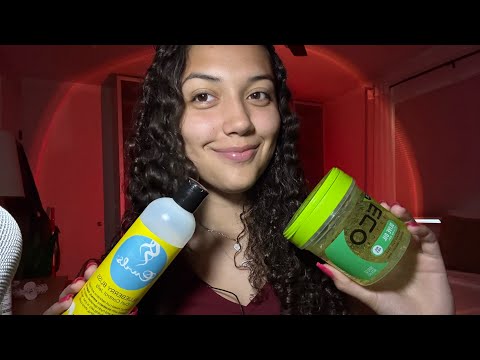 ASMR showing you my curly hair product collection 🩷 fast tapping and scratching